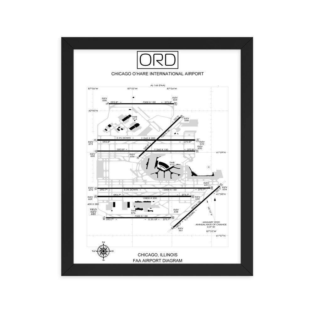 ORD Chicago O'Hare International Airport Diagram Framed Print White