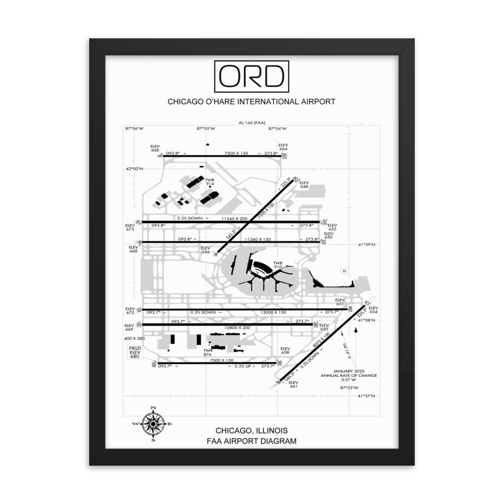 ORD Chicago O'Hare International Airport Diagram Framed Print White