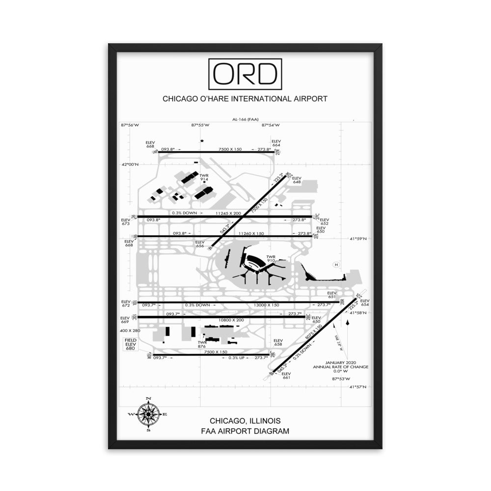 ORD Chicago O'Hare International Airport Diagram Framed Print White