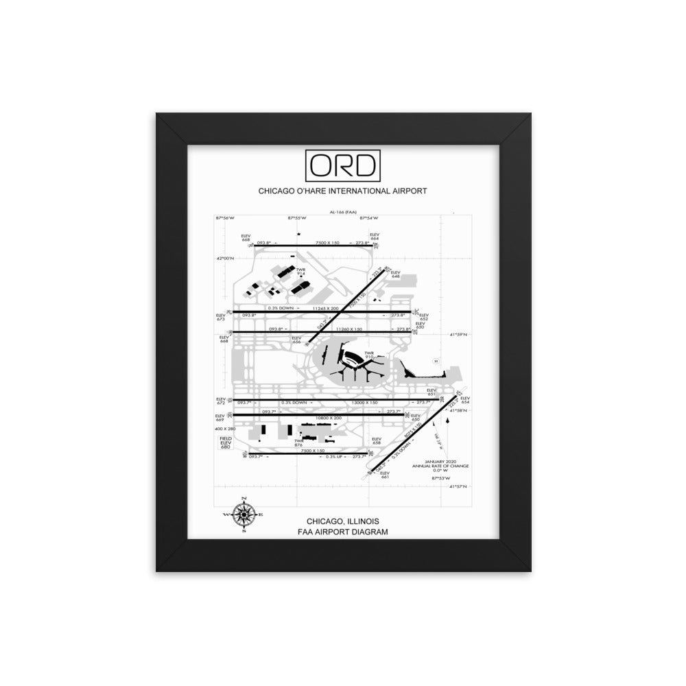 ORD Chicago O'Hare International Airport Diagram Framed Print White