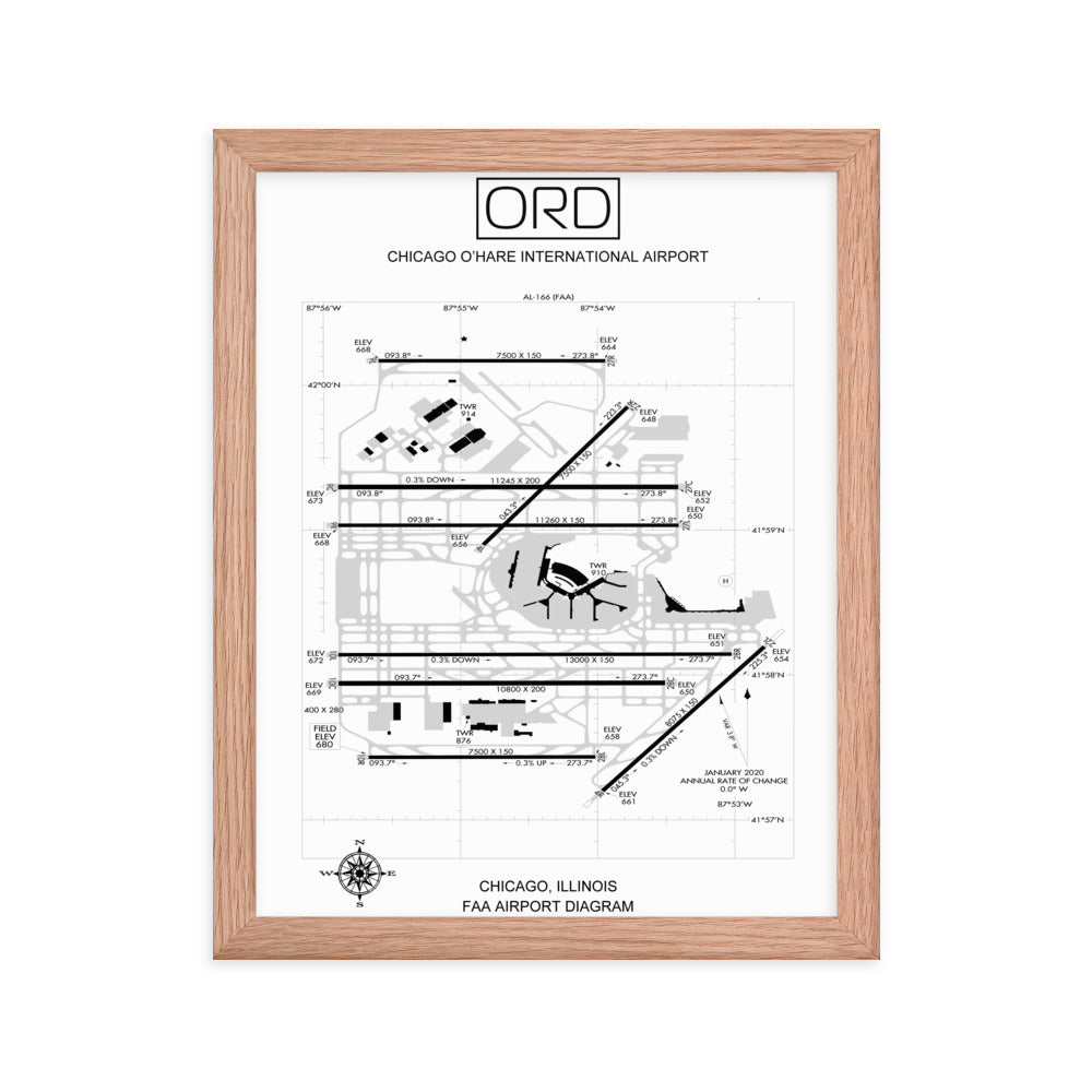 ORD Chicago O'Hare International Airport Diagram Framed Print White