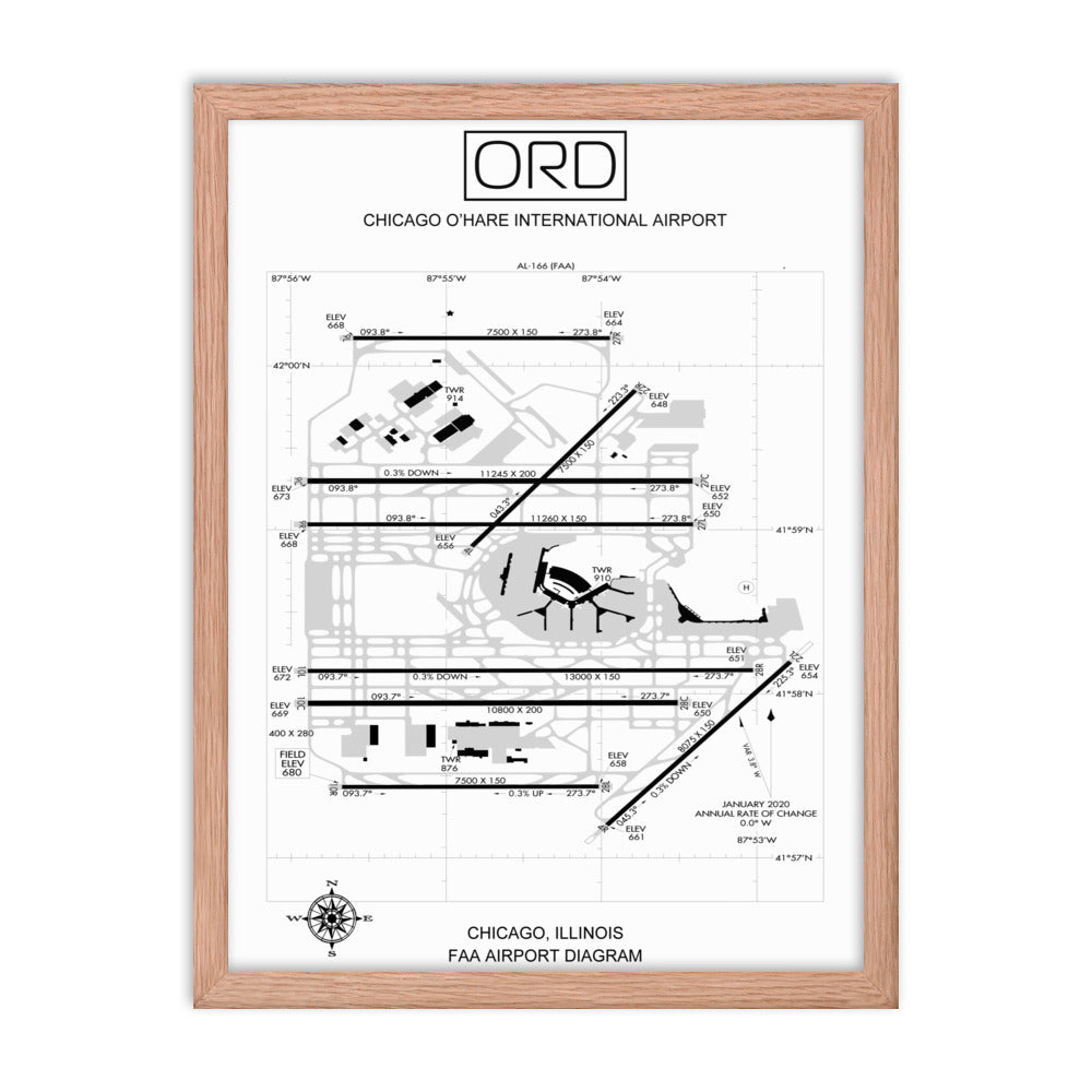 ORD Chicago O'Hare International Airport Diagram Framed Print White