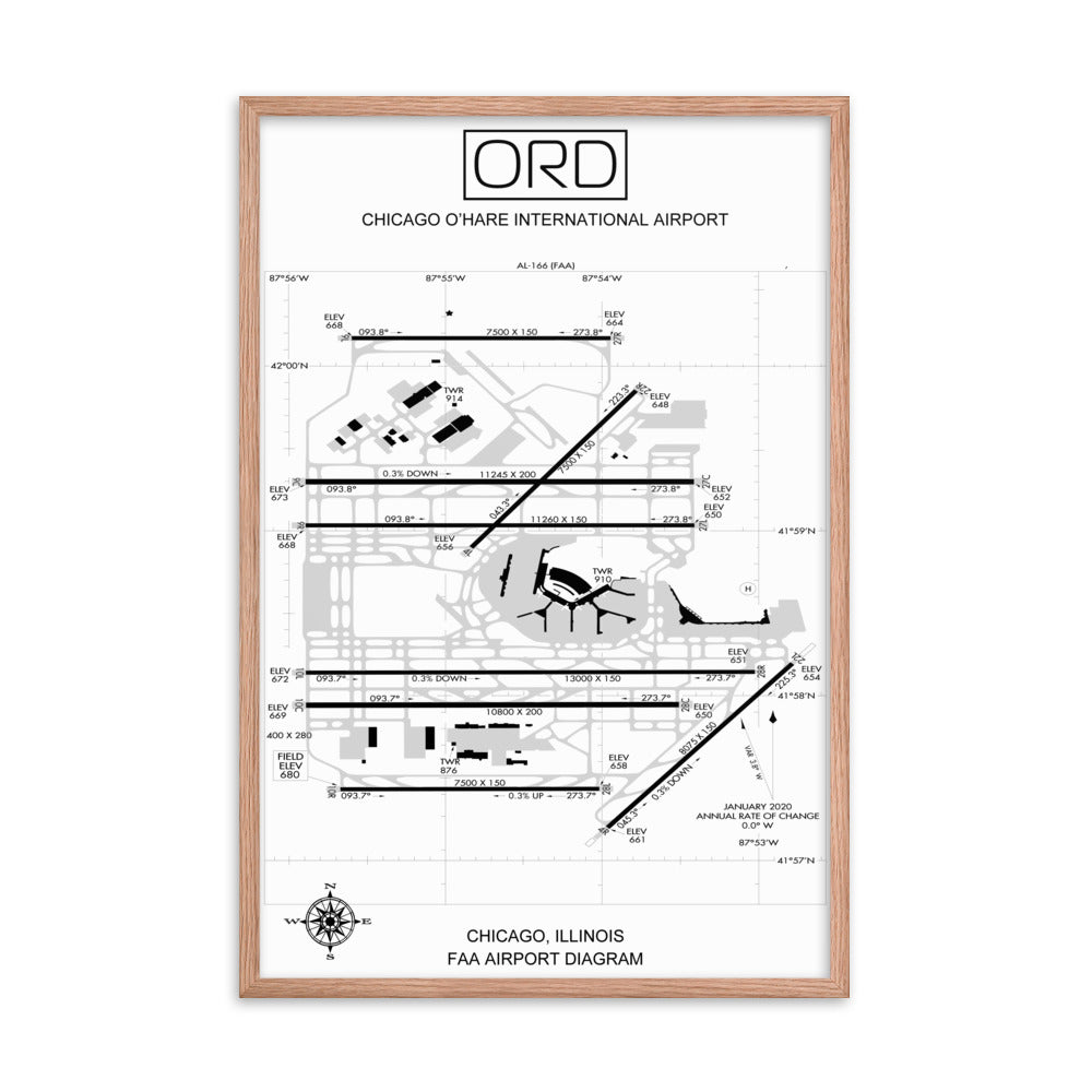 ORD Chicago O'Hare International Airport Diagram Framed Print White