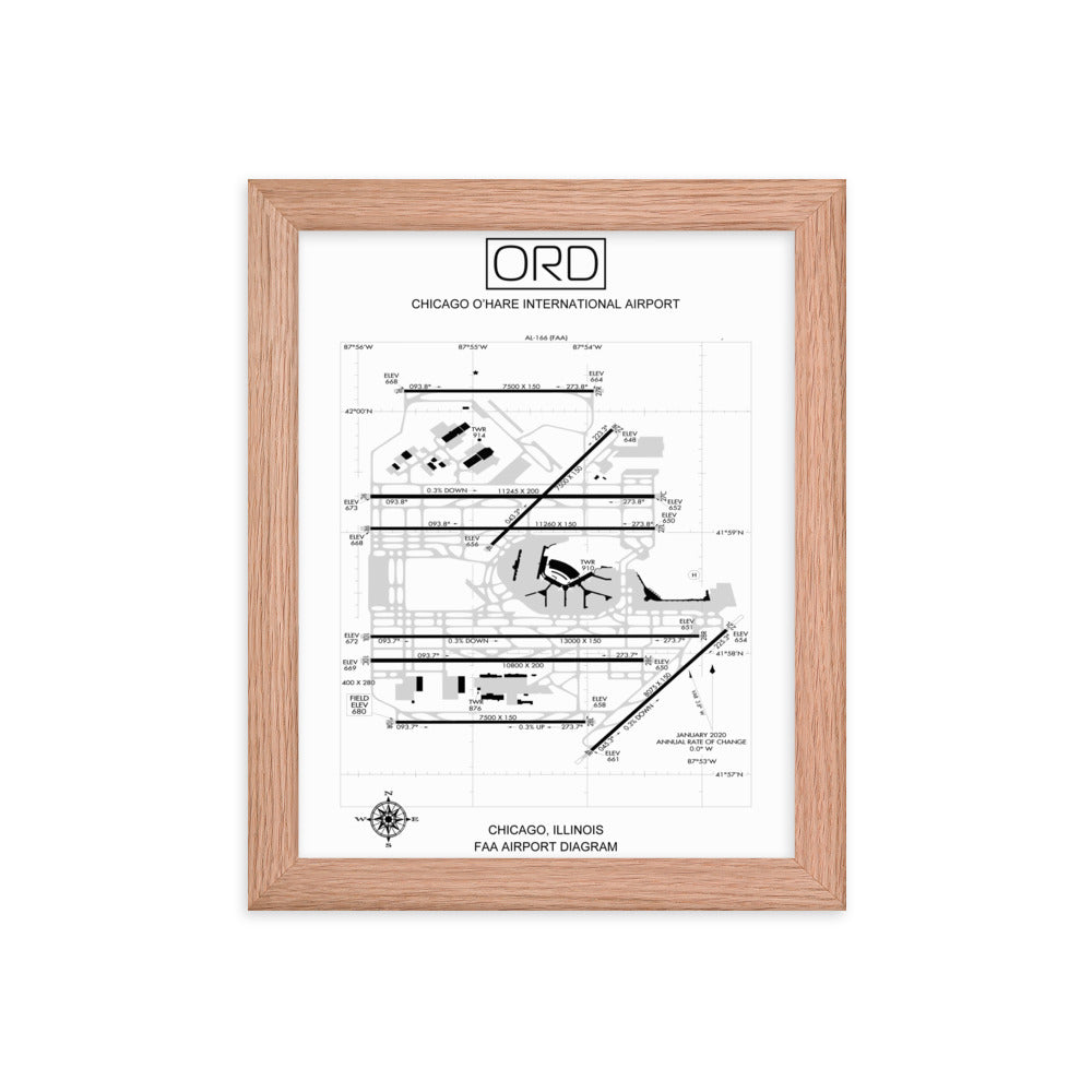 ORD Chicago O'Hare International Airport Diagram Framed Print White