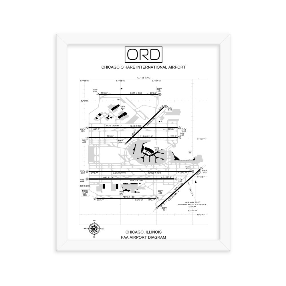 ORD Chicago O'Hare International Airport Diagram Framed Print White