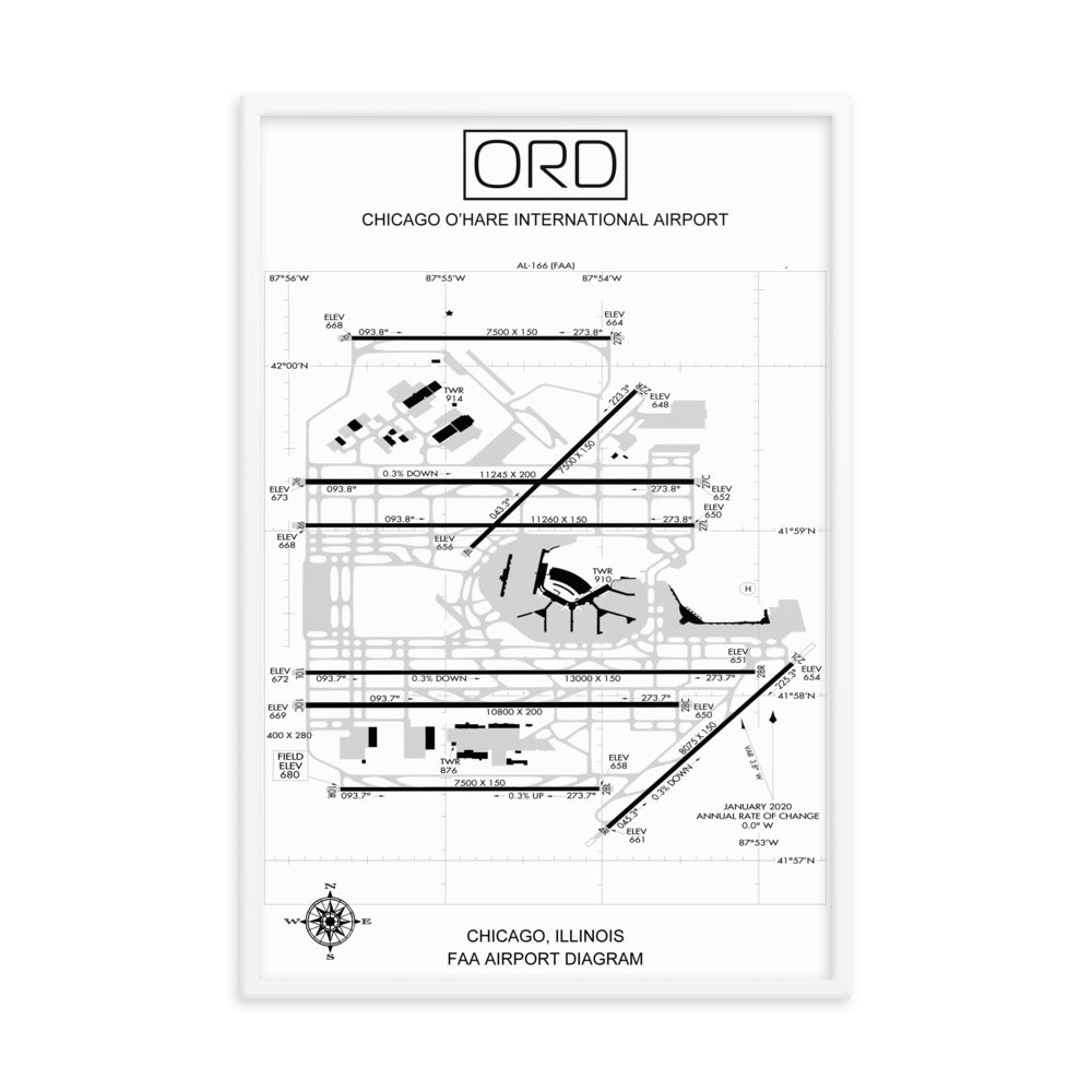 ORD Chicago O'Hare International Airport Diagram Framed Print White
