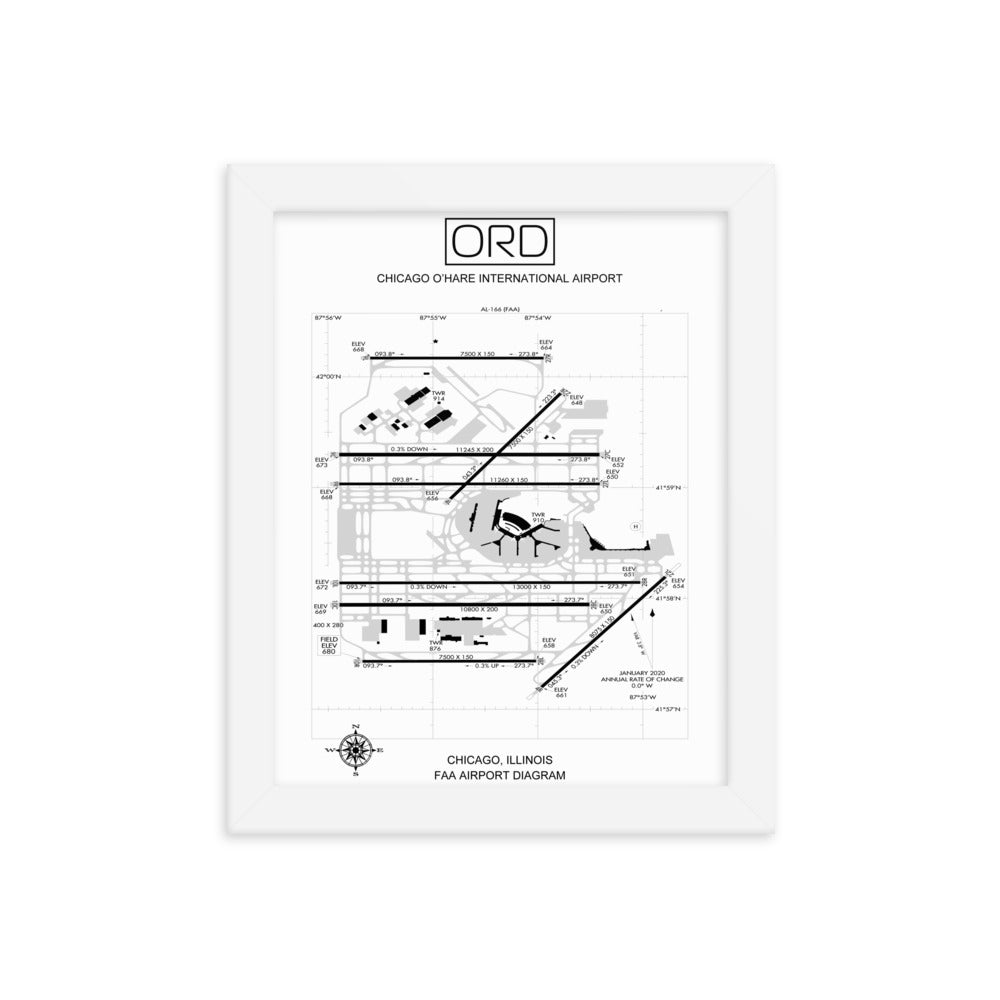 ORD Chicago O'Hare International Airport Diagram Framed Print White