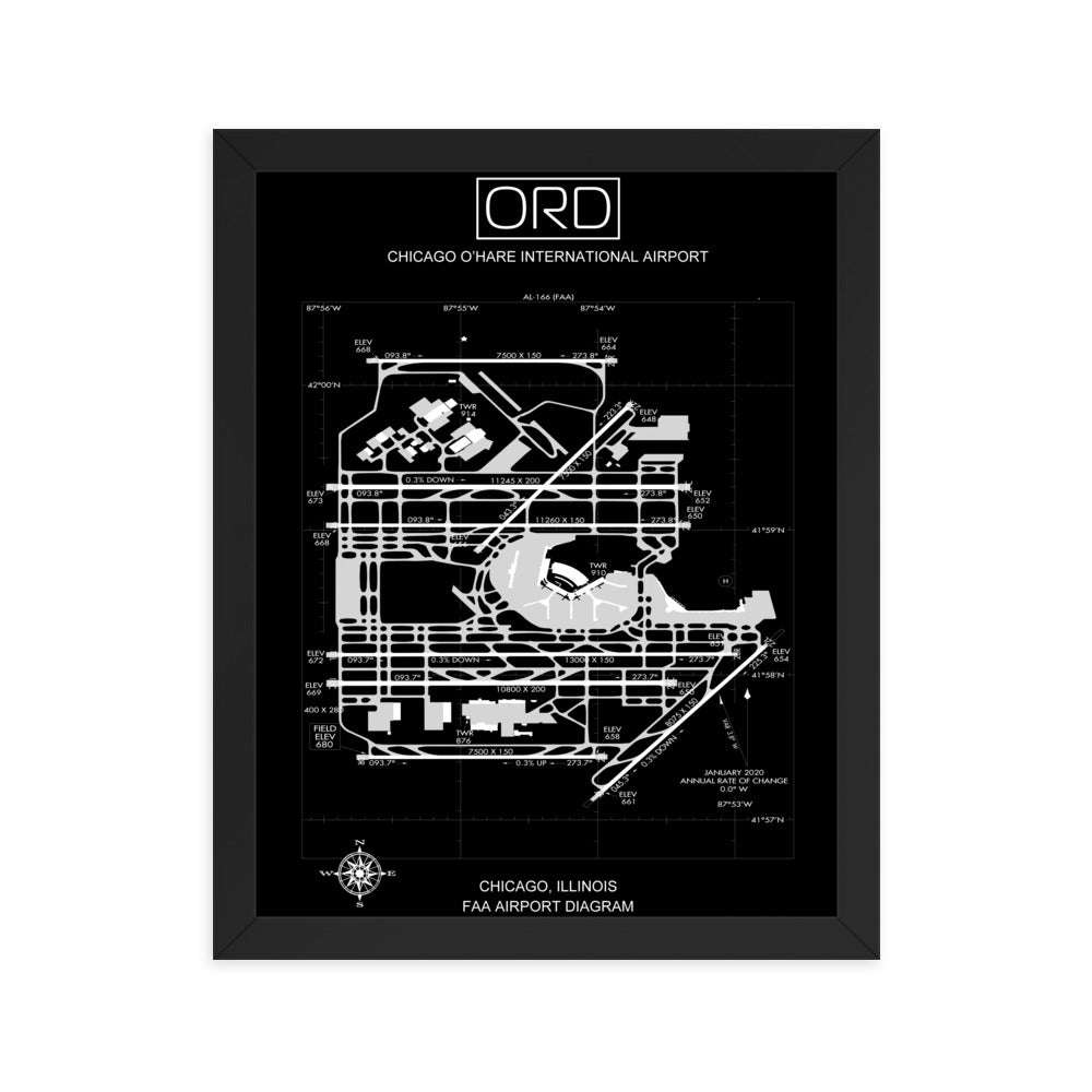 ORD Chicago O'Hare International Airport Diagram Framed Print Black