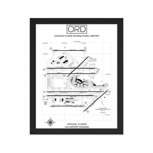 ORD Chicago O'Hare International Airport Diagram Framed Print White