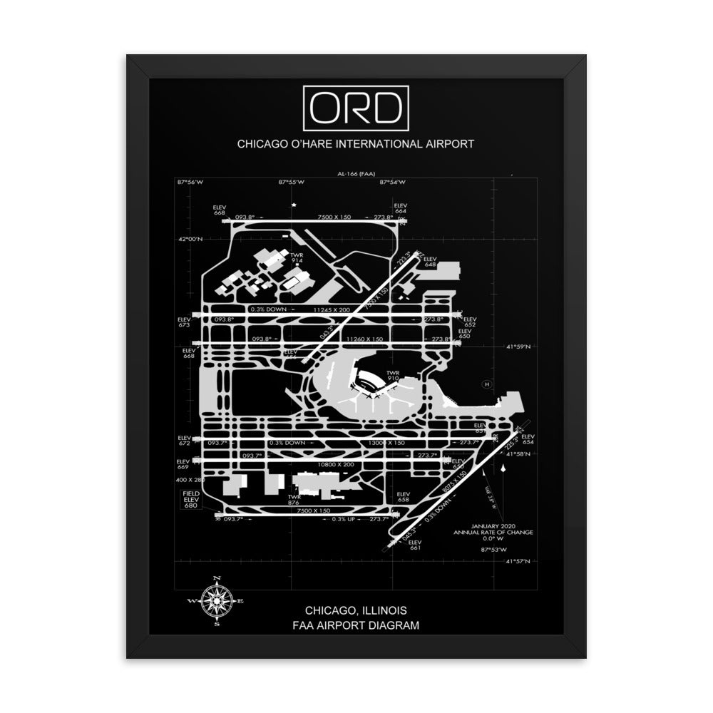 ORD Chicago O'Hare International Airport Diagram Framed Print Black