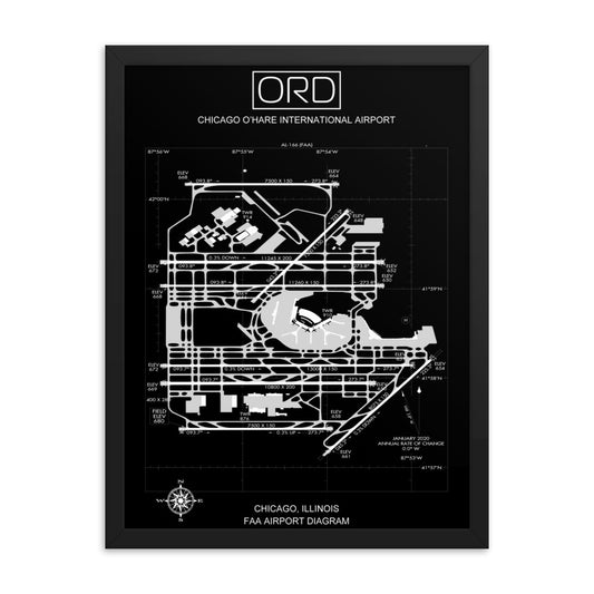 ORD Chicago O'Hare International Airport Diagram Framed Print Black