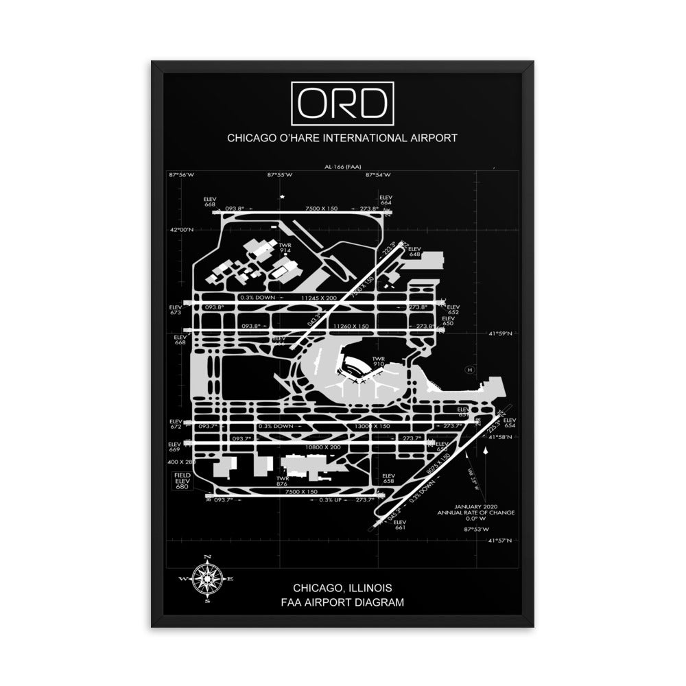 ORD Chicago O'Hare International Airport Diagram Framed Print Black