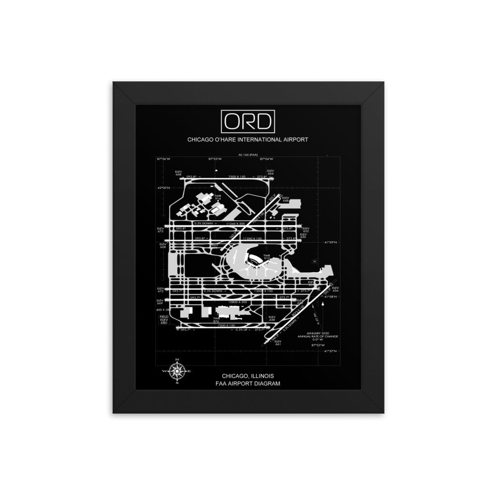 ORD Chicago O'Hare International Airport Diagram Framed Print Black