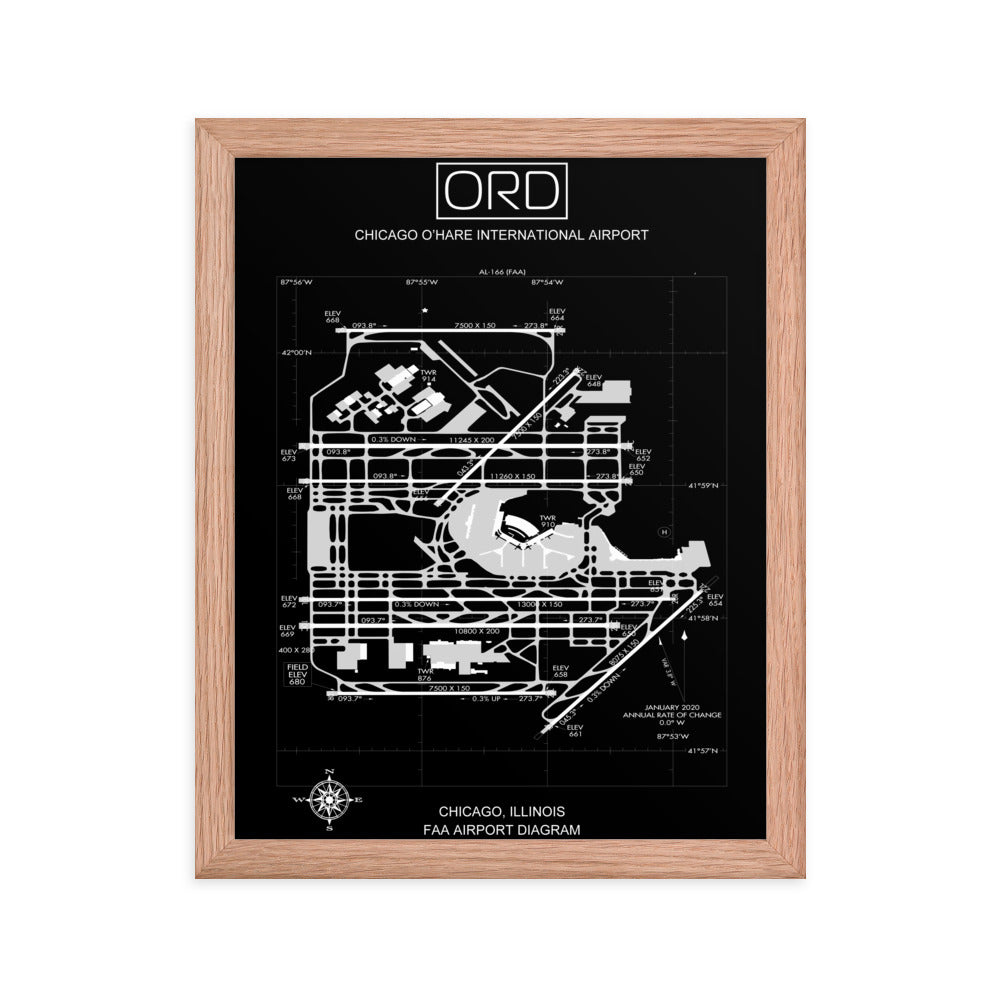 ORD Chicago O'Hare International Airport Diagram Framed Print Black