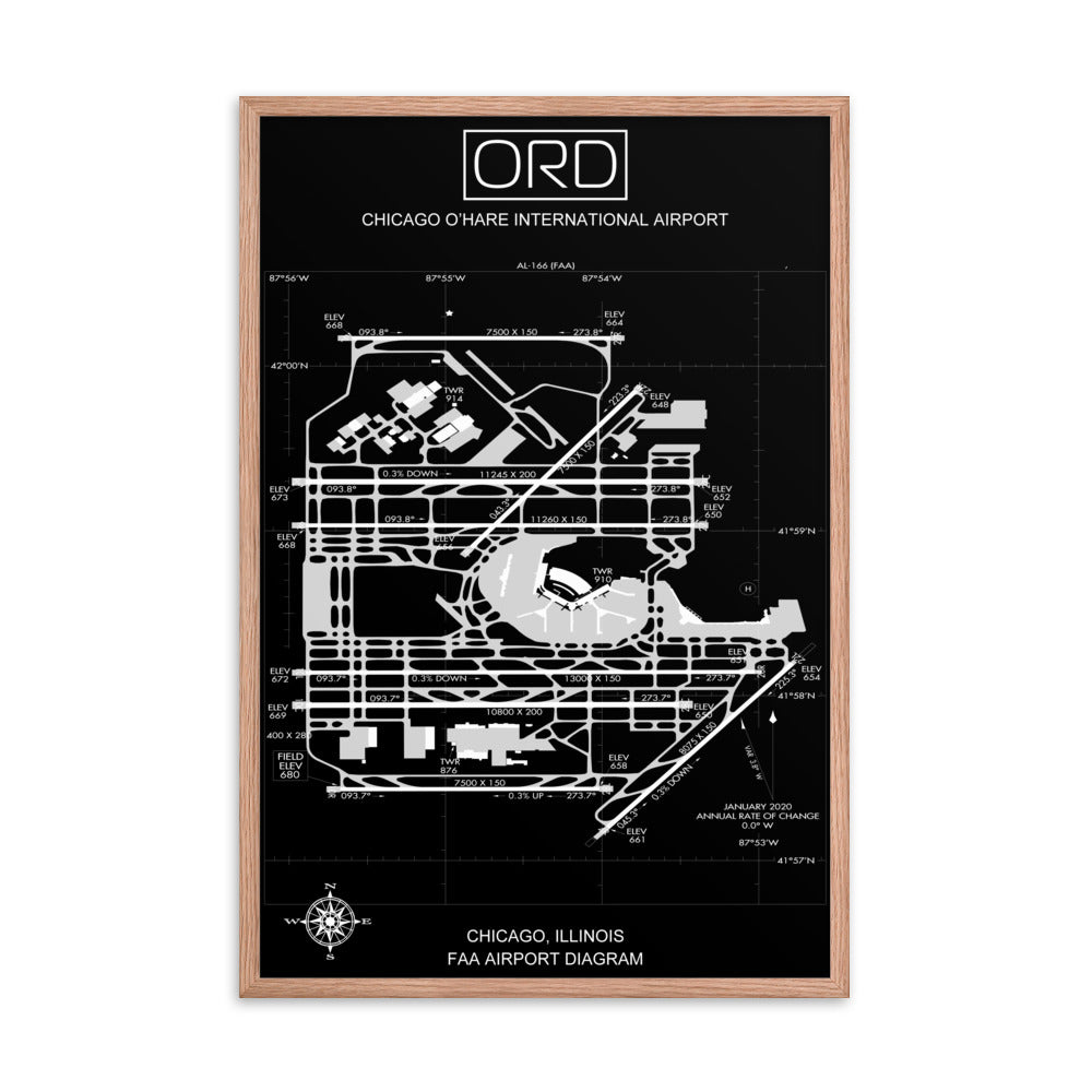 ORD Chicago O'Hare International Airport Diagram Framed Print Black