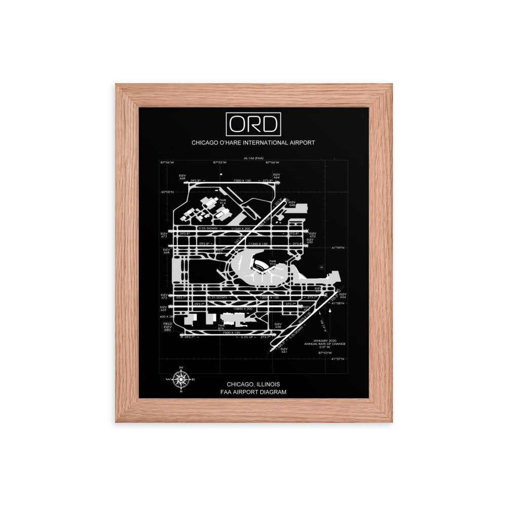 ORD Chicago O'Hare International Airport Diagram Framed Print Black