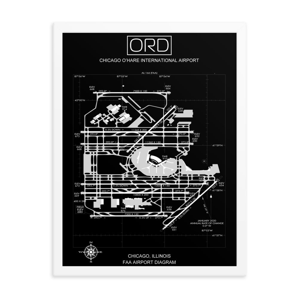 ORD Chicago O'Hare International Airport Diagram Framed Print Black