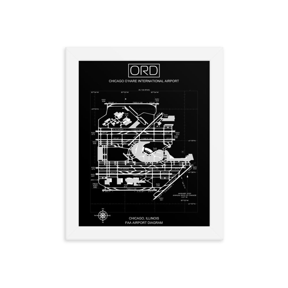 ORD Chicago O'Hare International Airport Diagram Framed Print Black