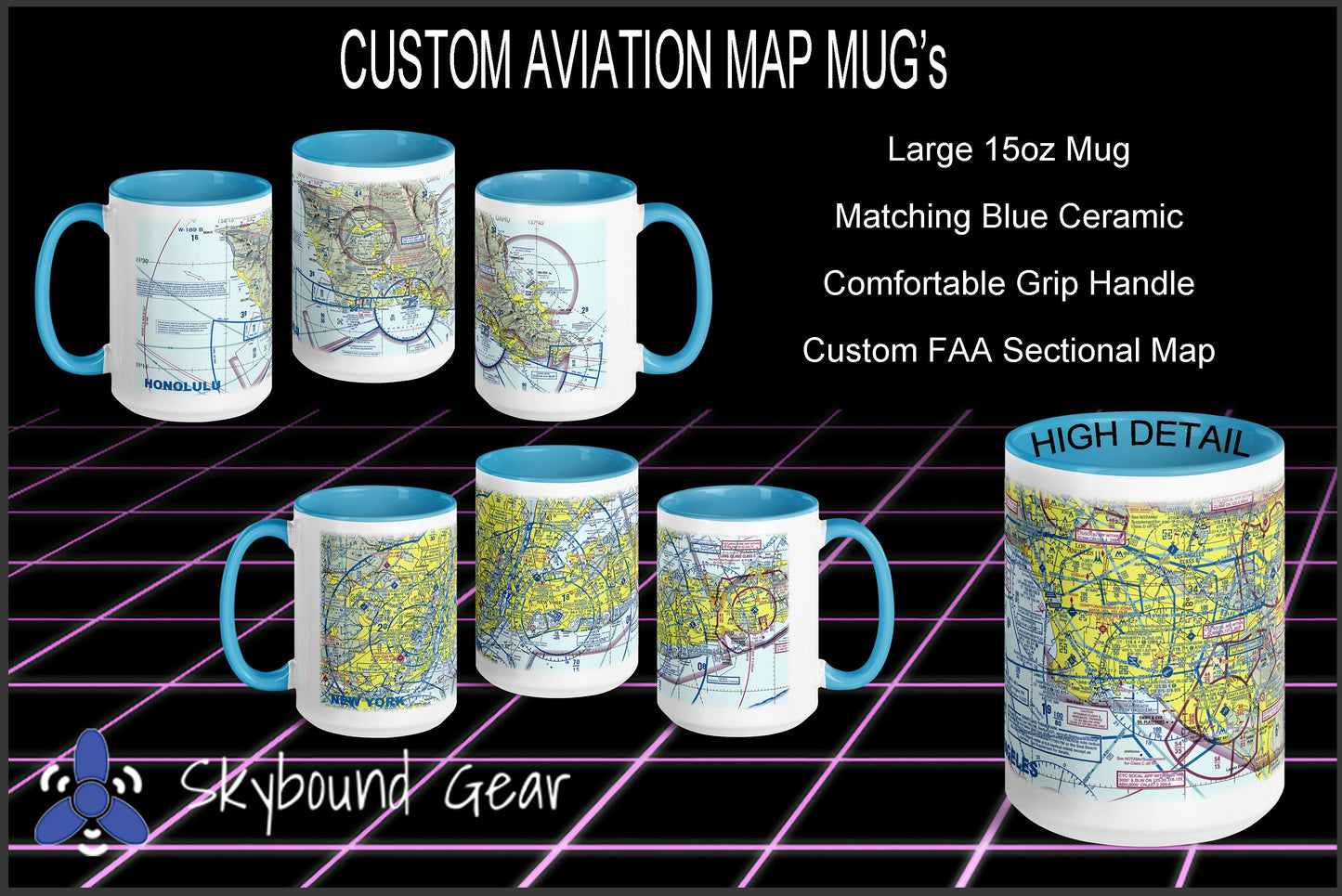 Large 15oz Aviation VFR Sectional Mug | Feature Any US or Canadian Airport